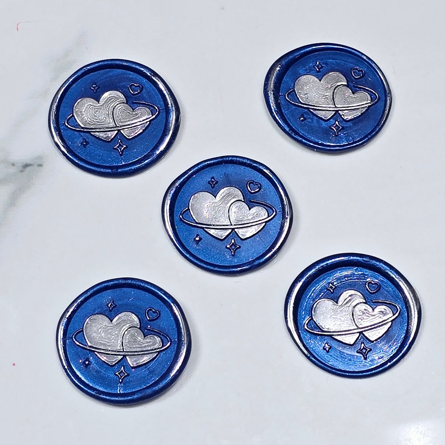 Wax Seals Blue & Silver Hearts Set of Five, with Adhesive Wax Seals for Cards, Invitations and Gifts