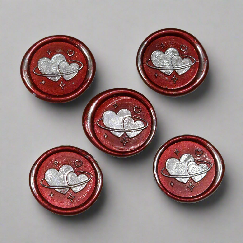 Wax Seals Red & Silver Hearts Set of Five, with Adhesive Wax Seals for Cards, Invitations and Gifts