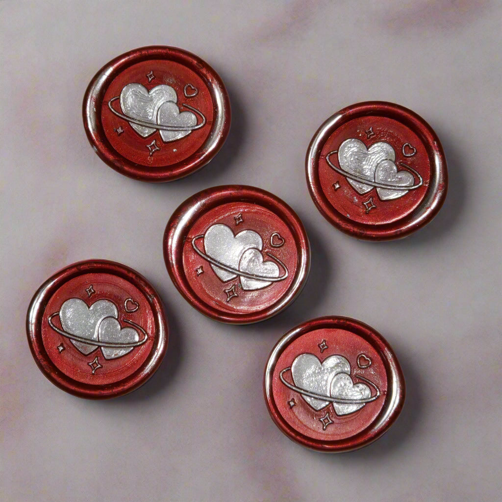 Wax Seals Red & Silver Hearts Set of Five, with Adhesive Wax Seals for Cards, Invitations and Gifts