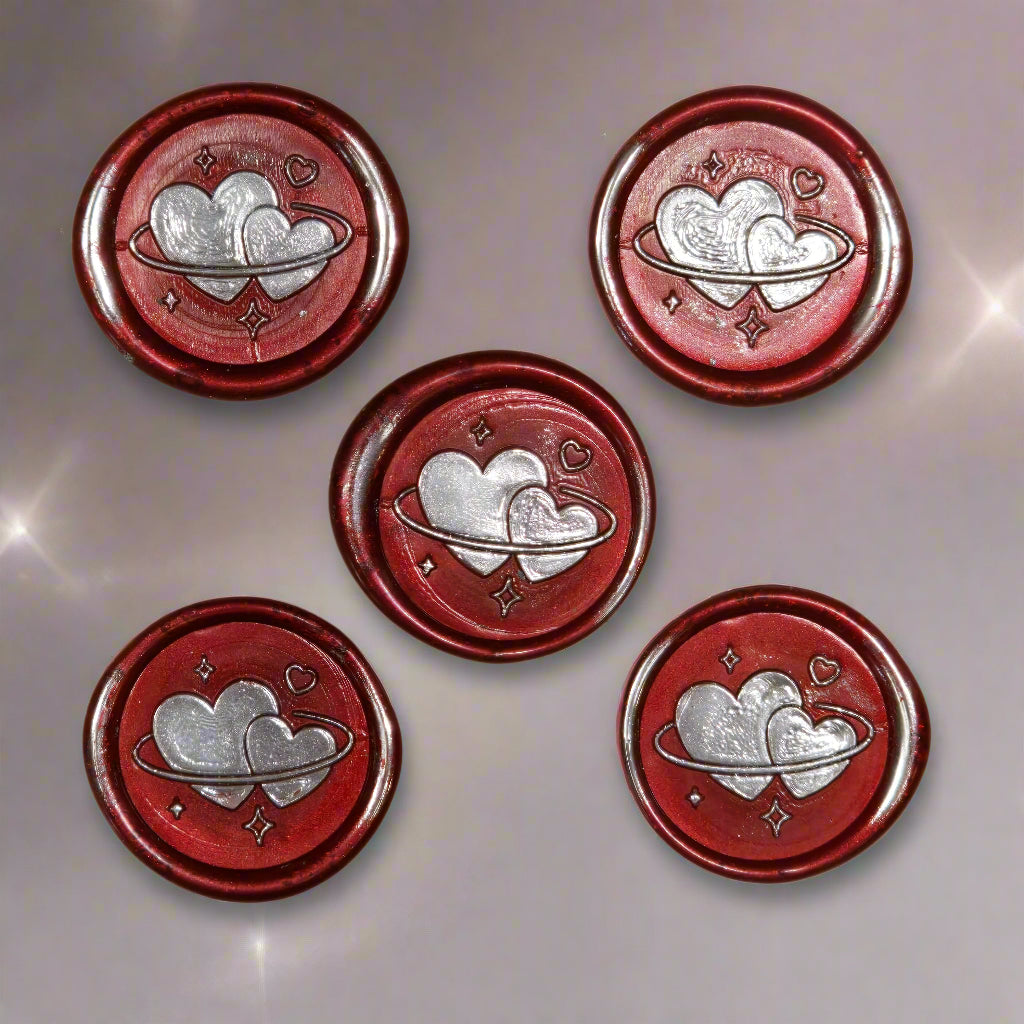 Wax Seals Red & Silver Hearts Set of Five, with Adhesive Wax Seals for Cards, Invitations and Gifts