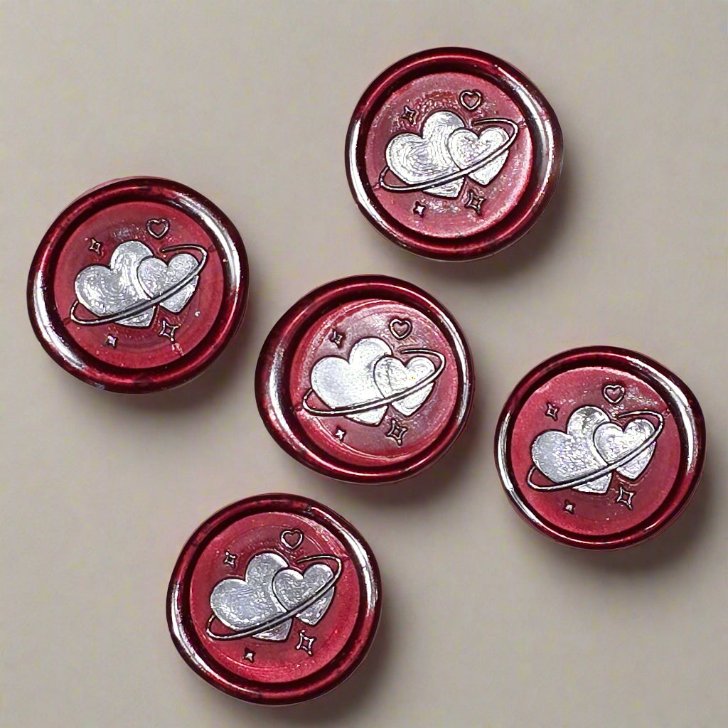 Wax Seals Red & Silver Hearts Set of Five, with Adhesive Wax Seals for Cards, Invitations and Gifts