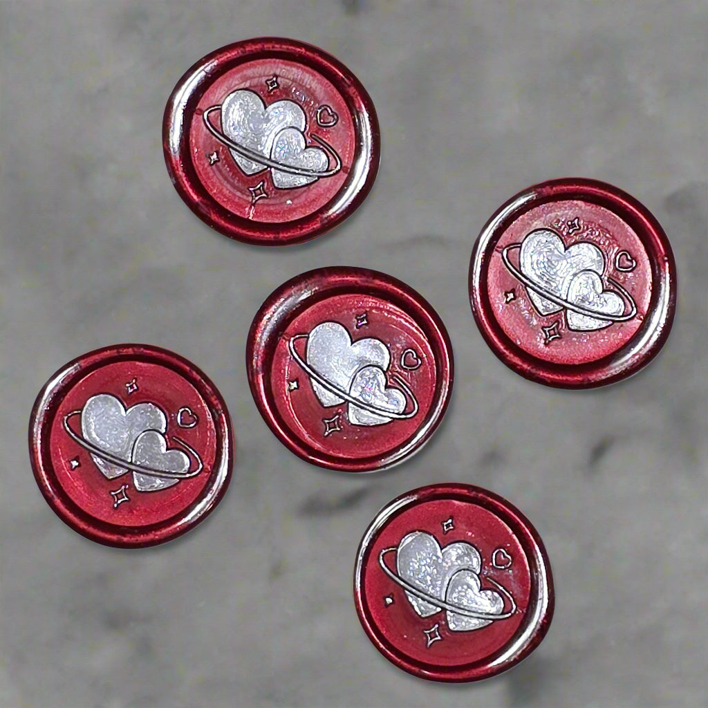 Wax Seals Red & Silver Hearts Set of Five, with Adhesive Wax Seals for Cards, Invitations and Gifts