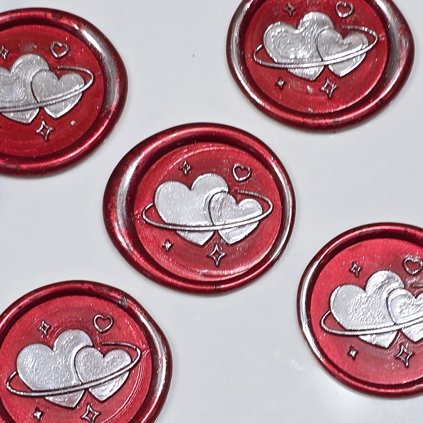 Wax Seals Red & Silver Hearts Set of Five, with Adhesive Wax Seals for Cards, Invitations and Gifts
