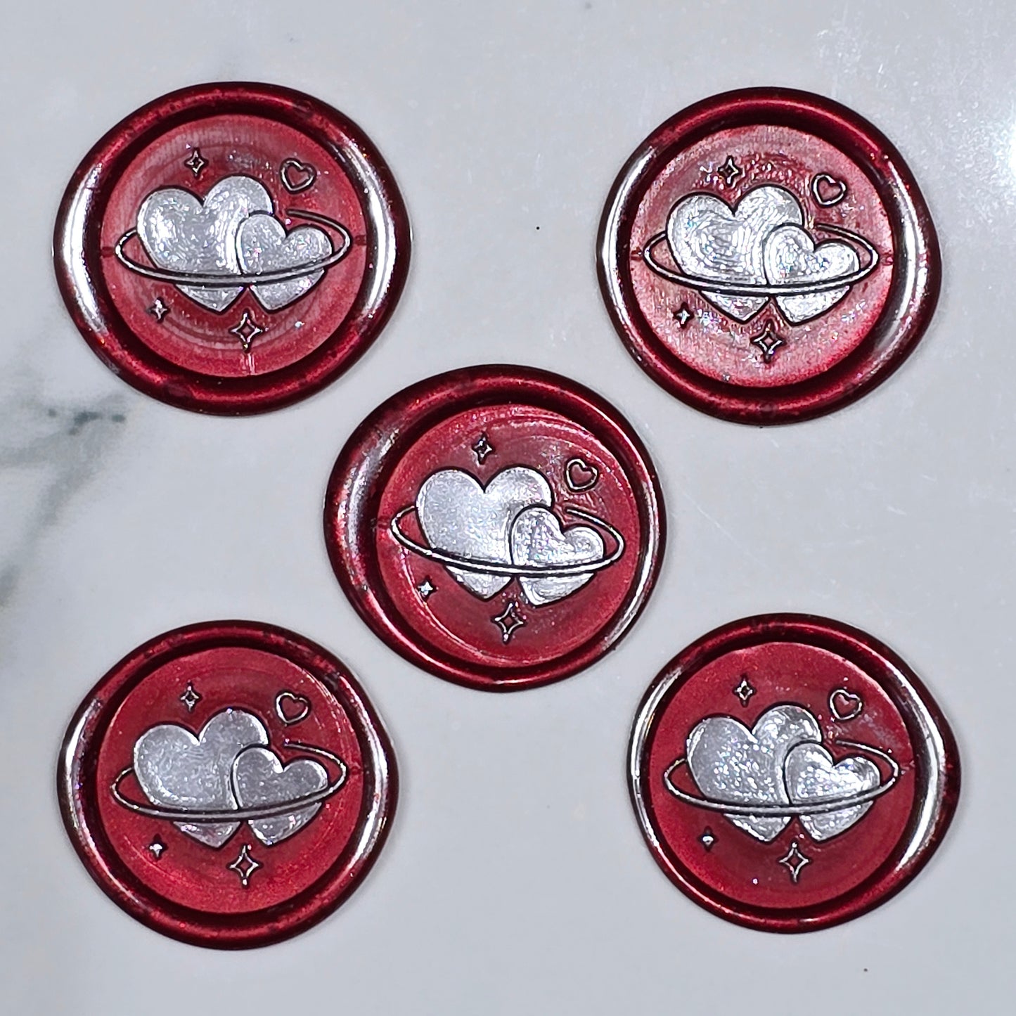 Wax Seals Red & Silver Hearts Set of Five, with Adhesive Wax Seals for Cards, Invitations and Gifts