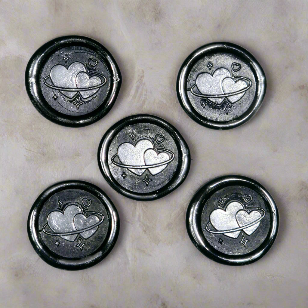 Wax Seals Black & Silver Hearts Set of Five, with Adhesive Wax Seals for Cards, Invitations and Gifts