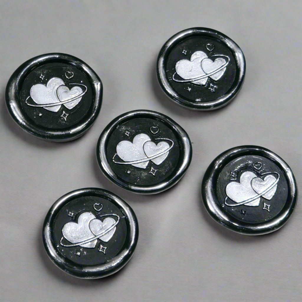 Wax Seals Black & Silver Hearts Set of Five, with Adhesive Wax Seals for Cards, Invitations and Gifts