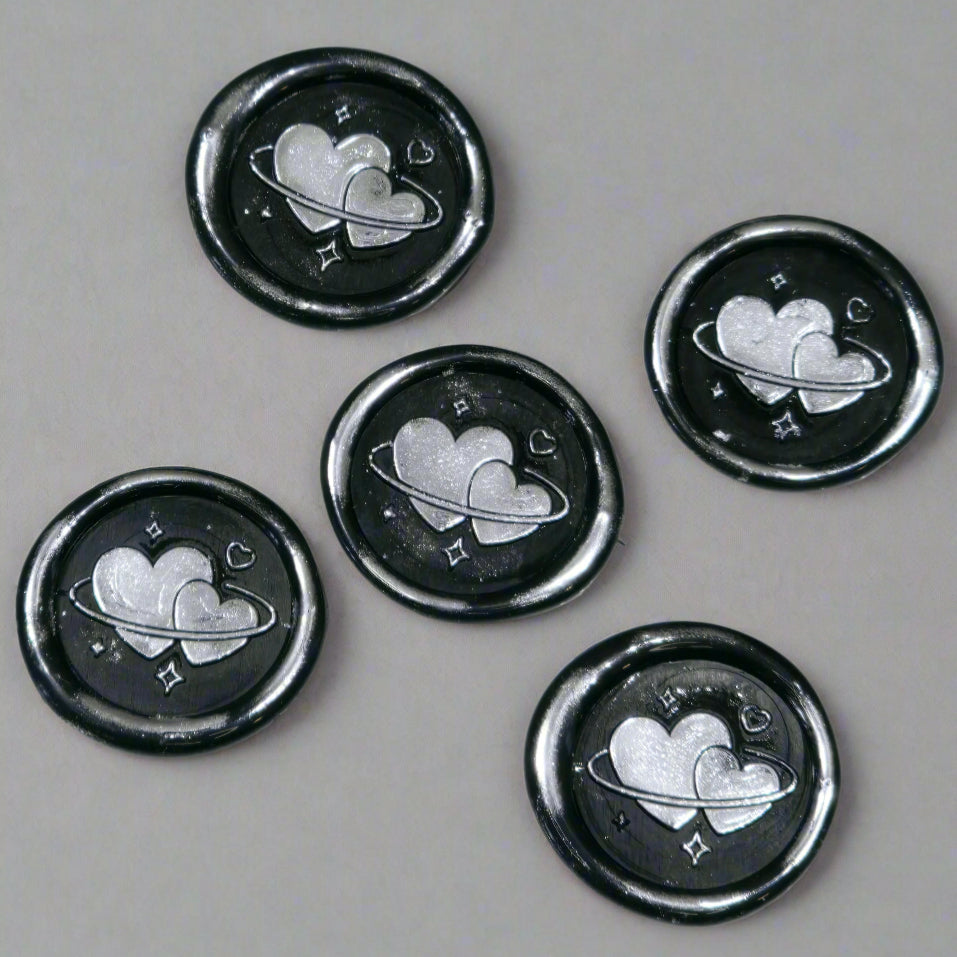 Wax Seals Black & Silver Hearts Set of Five, with Adhesive Wax Seals for Cards, Invitations and Gifts
