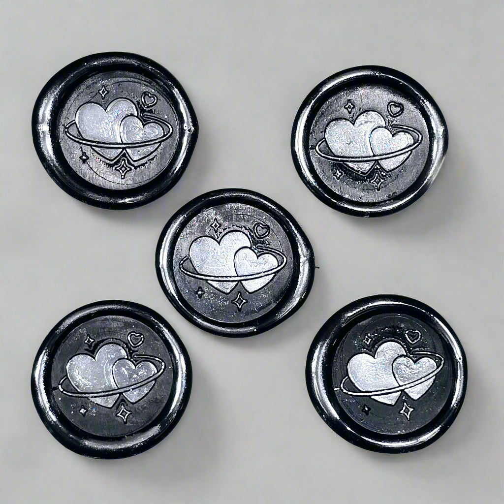 Wax Seals Black & Silver Hearts Set of Five, with Adhesive Wax Seals for Cards, Invitations and Gifts