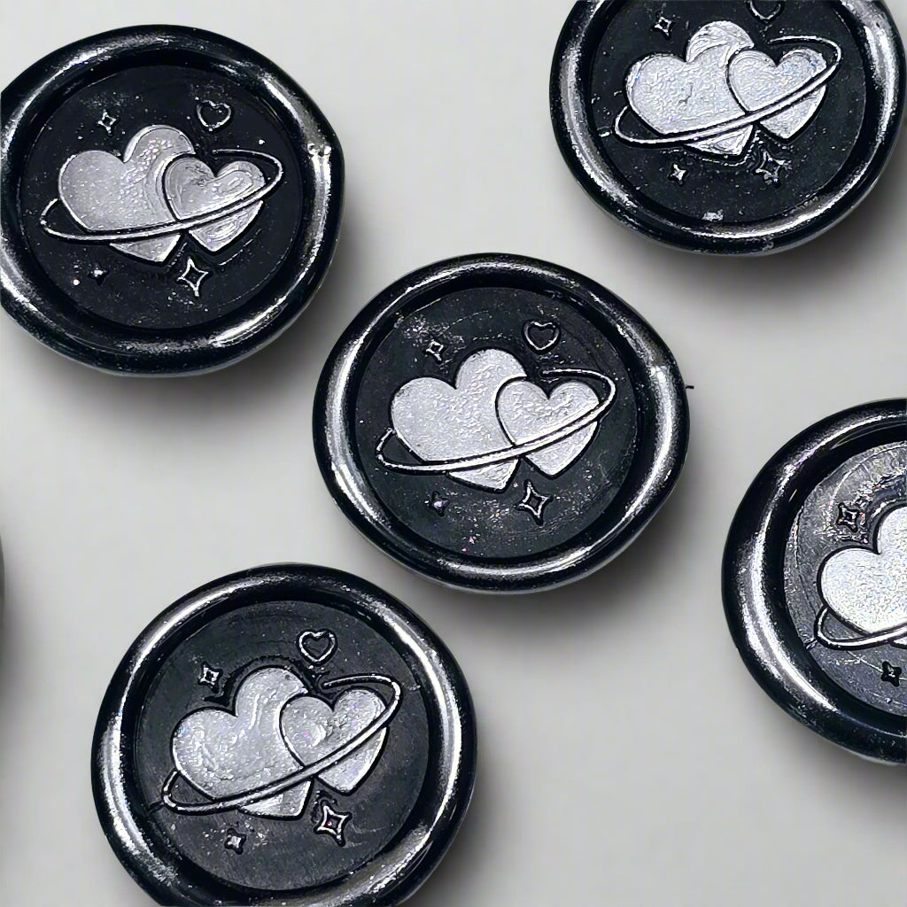 Wax Seals Black & Silver Hearts Set of Five, with Adhesive Wax Seals for Cards, Invitations and Gifts