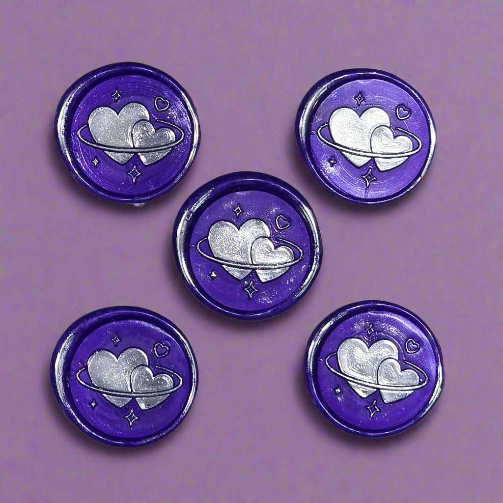 Wax Seals Purple & Silver Hearts Set of Five, with Adhesive Wax Seals for Cards, Invitations and Gifts