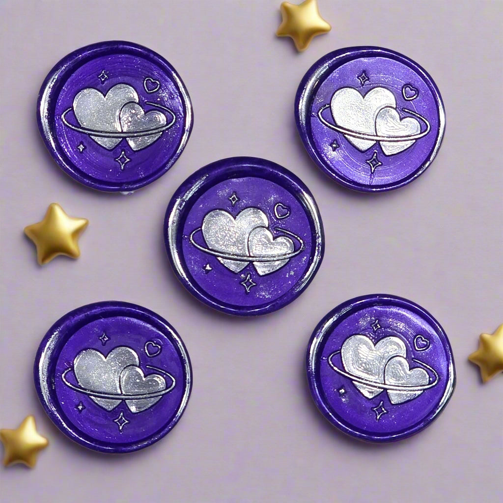 Wax Seals Purple & Silver Hearts Set of Five, with Adhesive Wax Seals for Cards, Invitations and Gifts