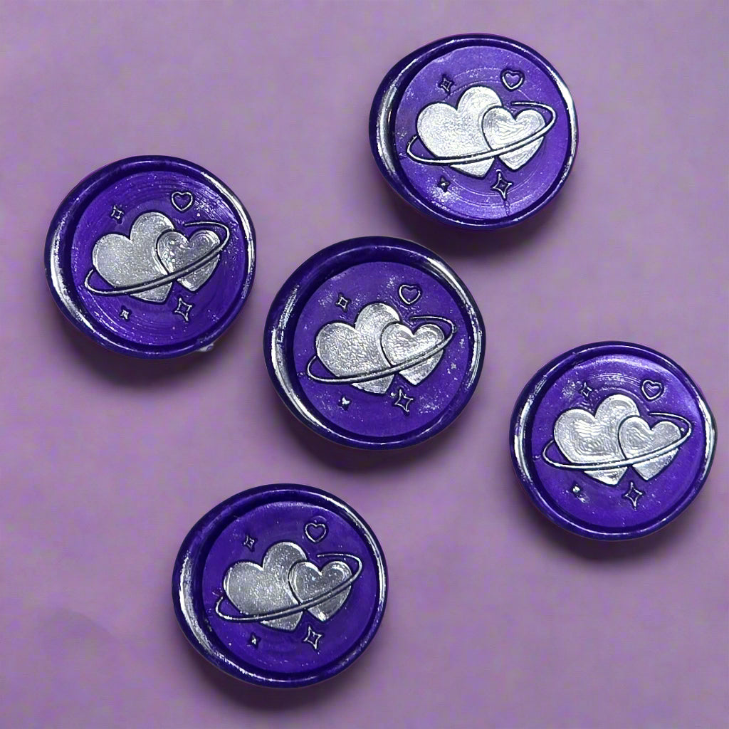 Wax Seals Purple & Silver Hearts Set of Five, with Adhesive Wax Seals for Cards, Invitations and Gifts