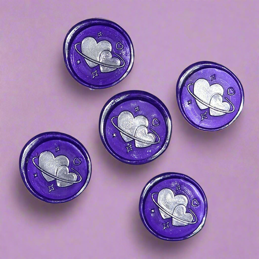 Wax Seals Purple & Silver Hearts Set of Five, with Adhesive Wax Seals for Cards, Invitations and Gifts