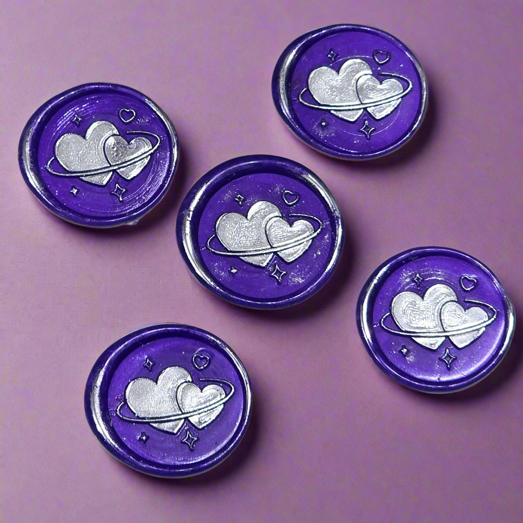 Wax Seals Purple & Silver Hearts Set of Five, with Adhesive Wax Seals for Cards, Invitations and Gifts