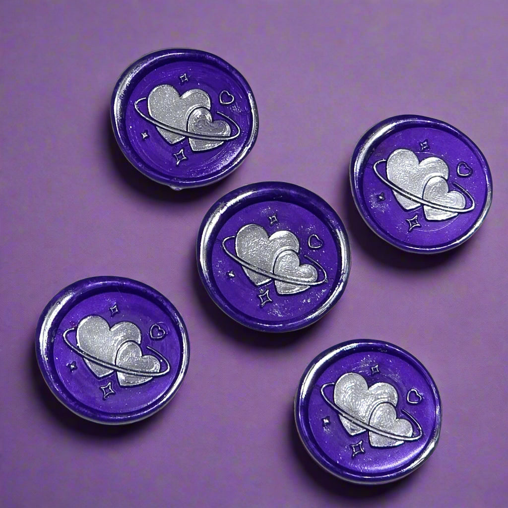 Wax Seals Purple & Silver Hearts Set of Five, with Adhesive Wax Seals for Cards, Invitations and Gifts