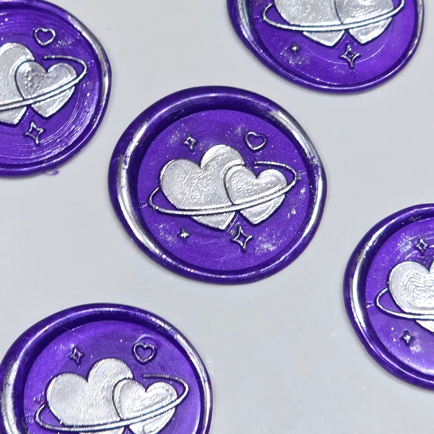 Wax Seals Purple & Silver Hearts Set of Five, with Adhesive Wax Seals for Cards, Invitations and Gifts