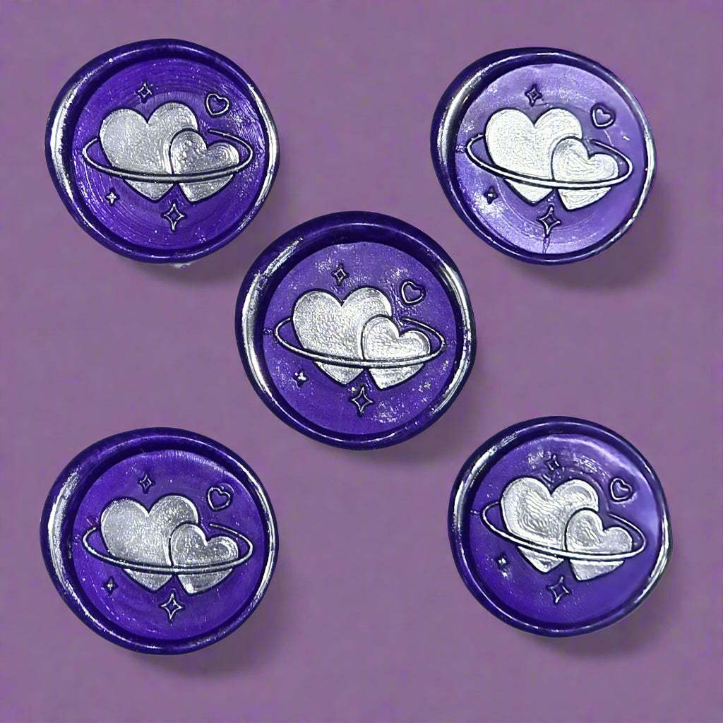Wax Seals Purple & Silver Hearts Set of Five, with Adhesive Wax Seals for Cards, Invitations and Gifts