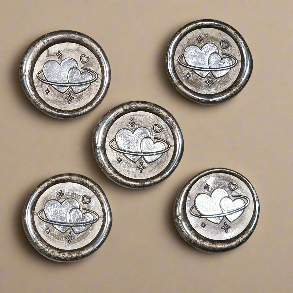 Wax Seals Champagne & Silver Hearts Set of Five, with Adhesive Wax Seals for Cards, Invitations and Gifts