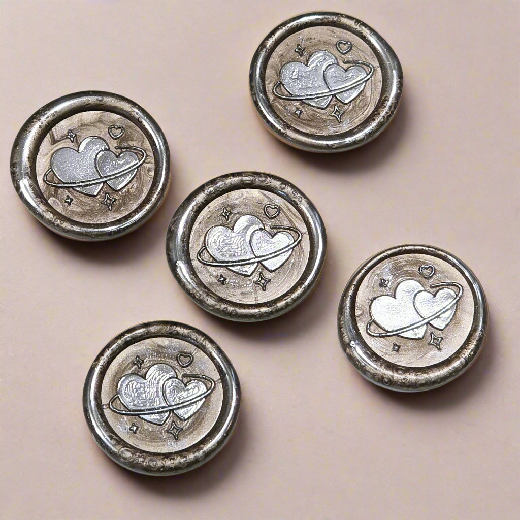 Wax Seals Champagne & Silver Hearts Set of Five, with Adhesive Wax Seals for Cards, Invitations and Gifts