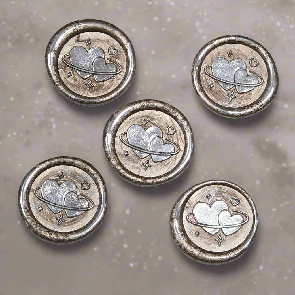 Wax Seals Champagne & Silver Hearts Set of Five, with Adhesive Wax Seals for Cards, Invitations and Gifts