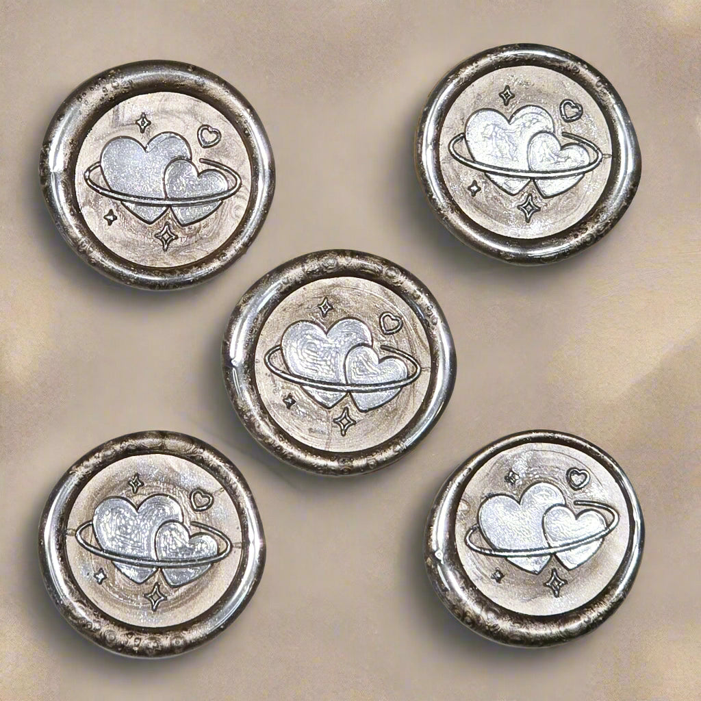 Wax Seals Champagne & Silver Hearts Set of Five, with Adhesive Wax Seals for Cards, Invitations and Gifts