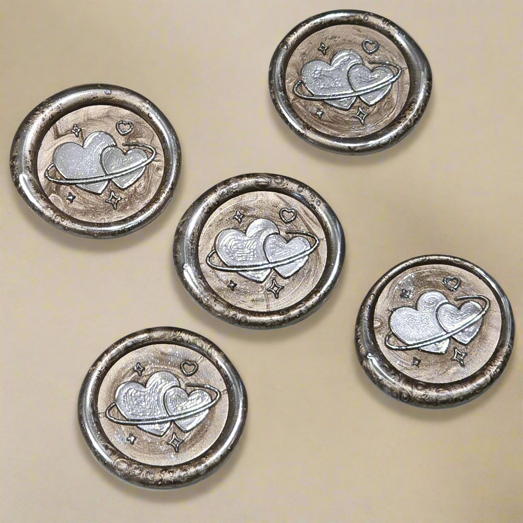 Wax Seals Champagne & Silver Hearts Set of Five, with Adhesive Wax Seals for Cards, Invitations and Gifts