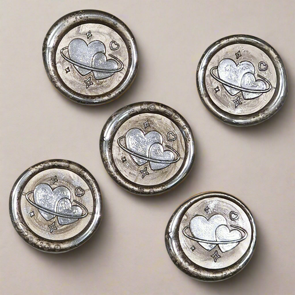 Wax Seals Champagne & Silver Hearts Set of Five, with Adhesive Wax Seals for Cards, Invitations and Gifts