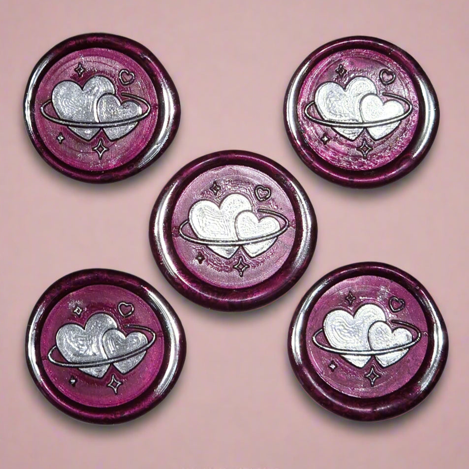 Wax Seals Mulberry Red & Silver Hearts Set of Five, with Adhesive Wax Seals for Cards, Invitations and Gifts