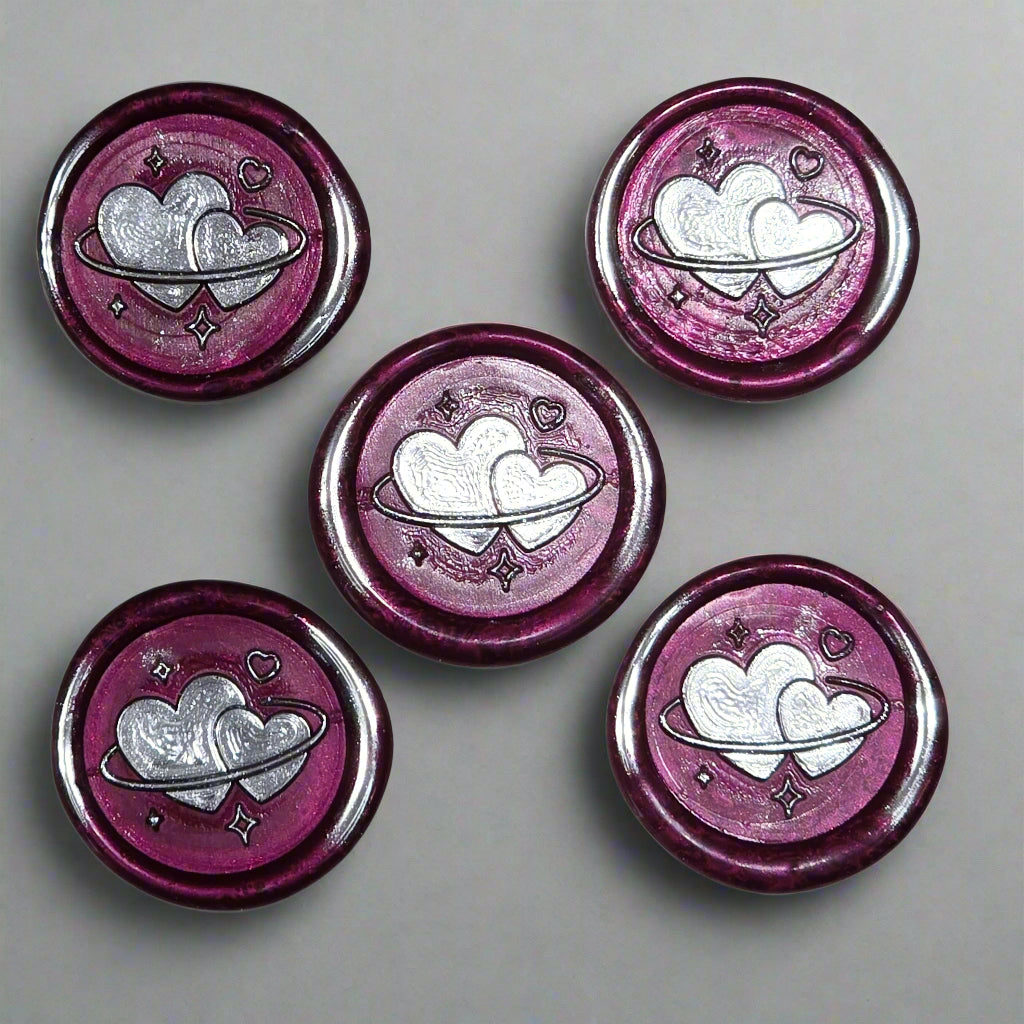 Wax Seals Mulberry Red & Silver Hearts Set of Five, with Adhesive Wax Seals for Cards, Invitations and Gifts