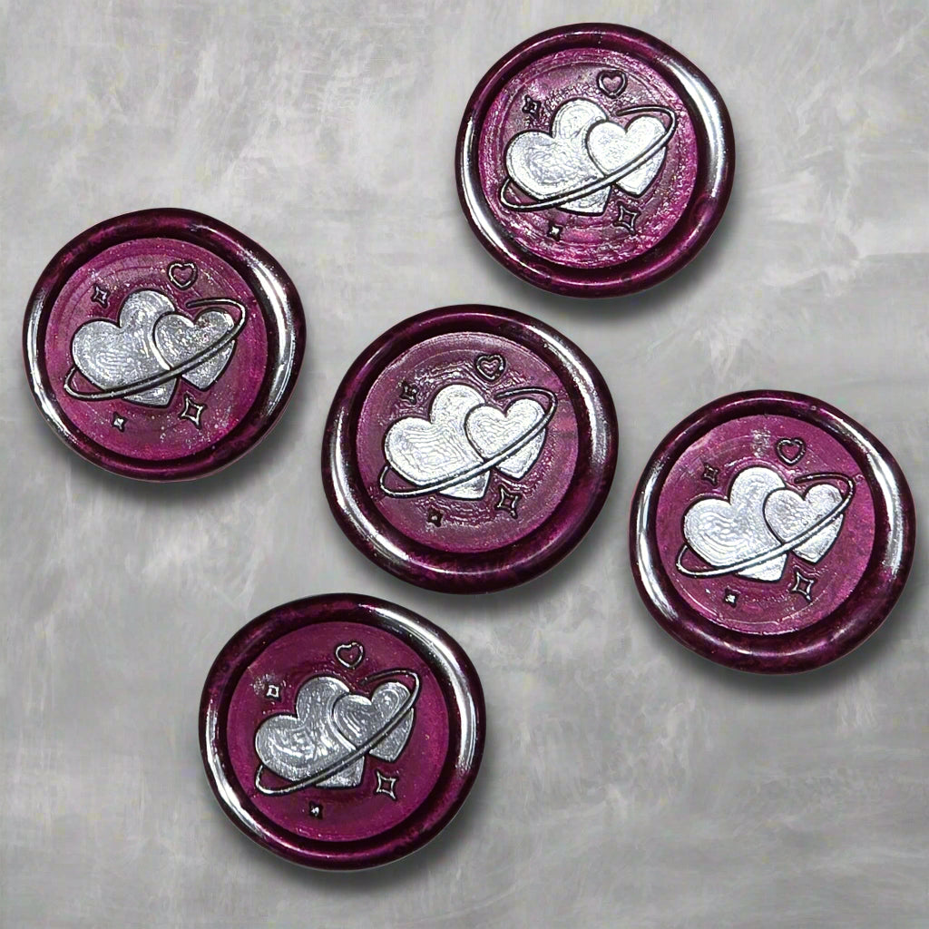 Wax Seals Mulberry Red & Silver Hearts Set of Five, with Adhesive Wax Seals for Cards, Invitations and Gifts