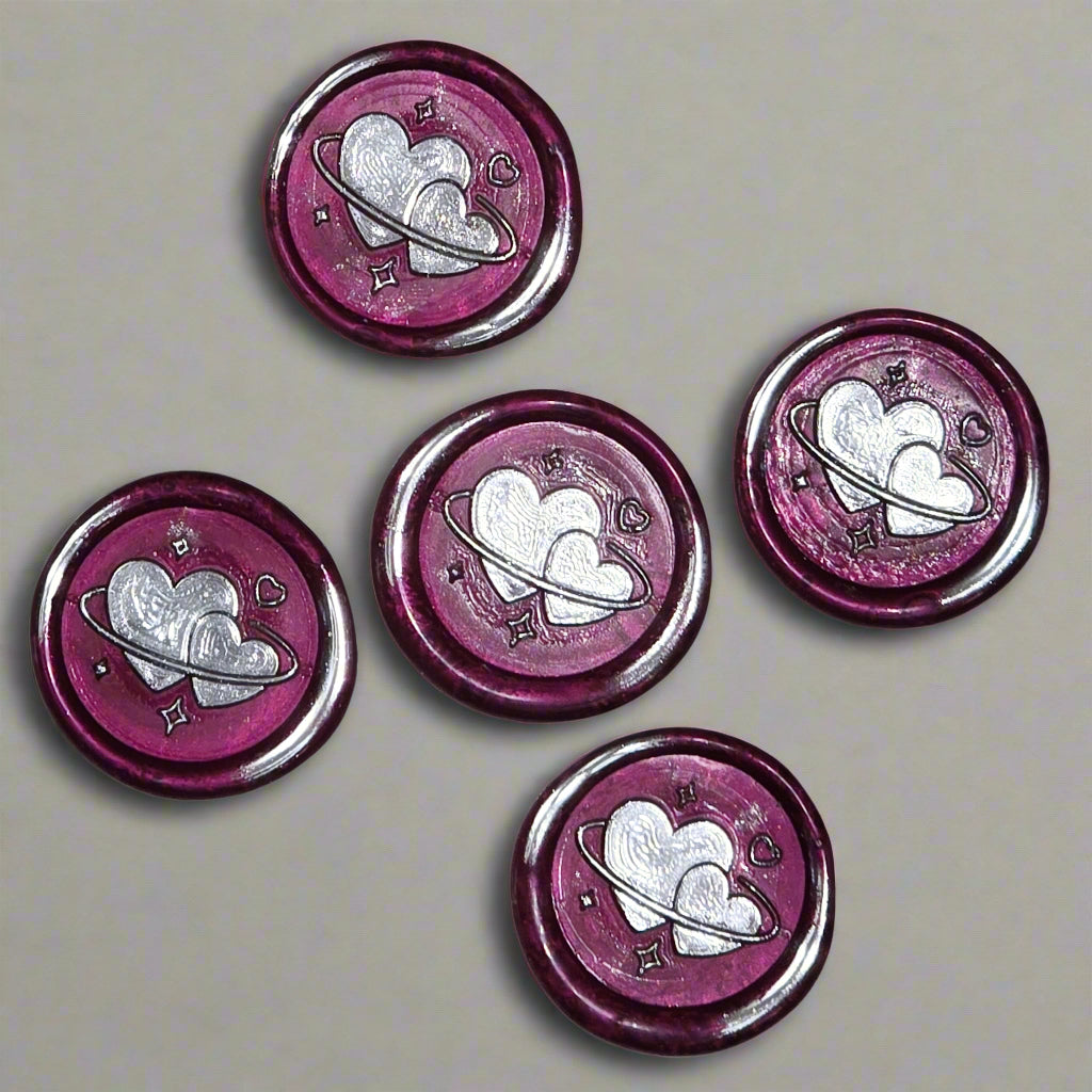 Wax Seals Mulberry Red & Silver Hearts Set of Five, with Adhesive Wax Seals for Cards, Invitations and Gifts