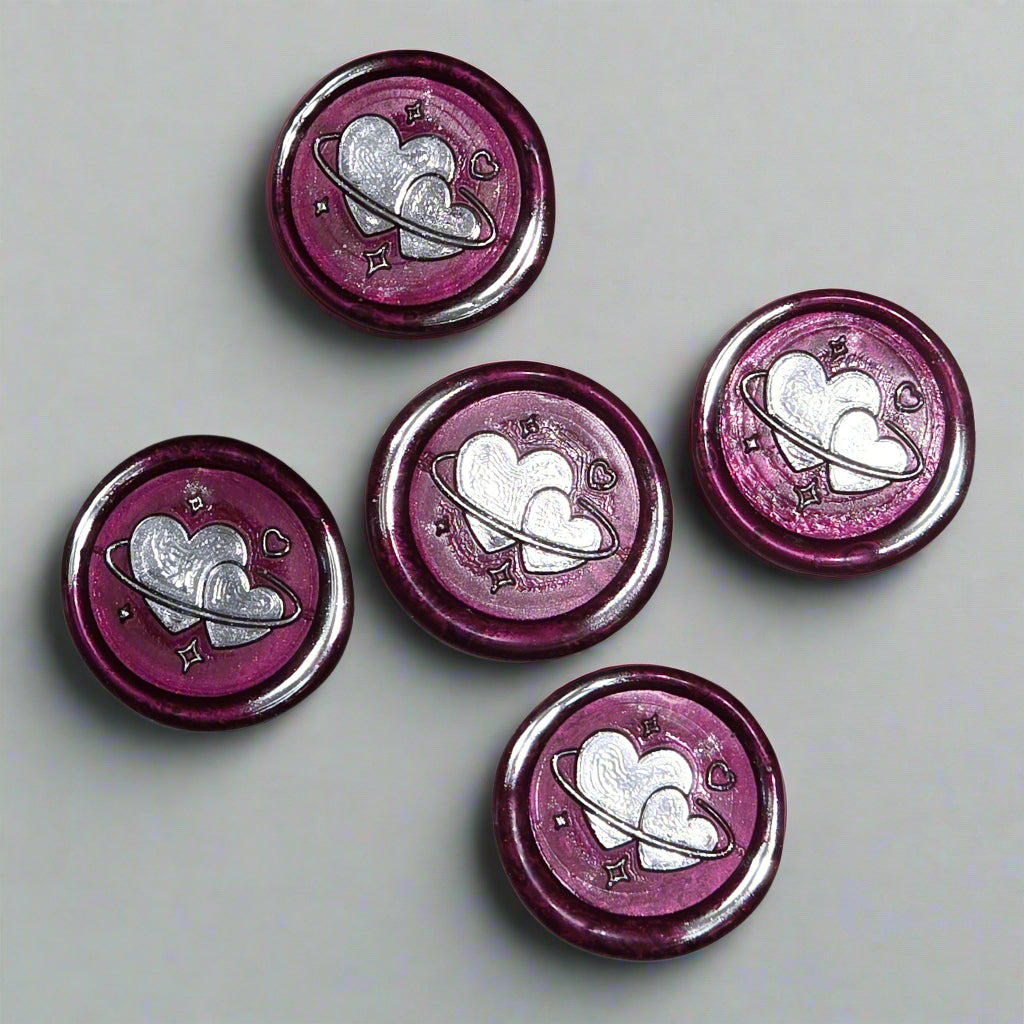 Wax Seals Mulberry Red & Silver Hearts Set of Five, with Adhesive Wax Seals for Cards, Invitations and Gifts