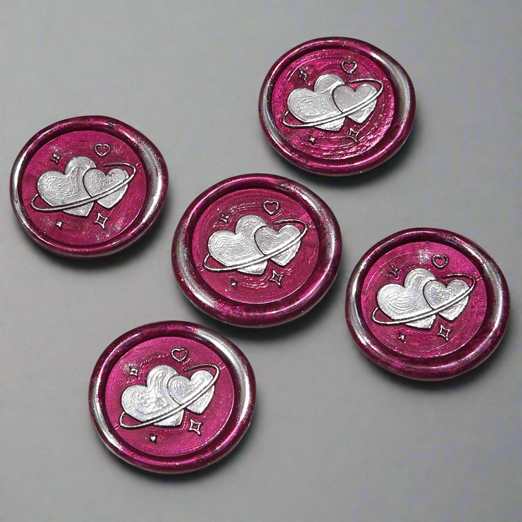 Wax Seals Mulberry Red & Silver Hearts Set of Five, with Adhesive Wax Seals for Cards, Invitations and Gifts