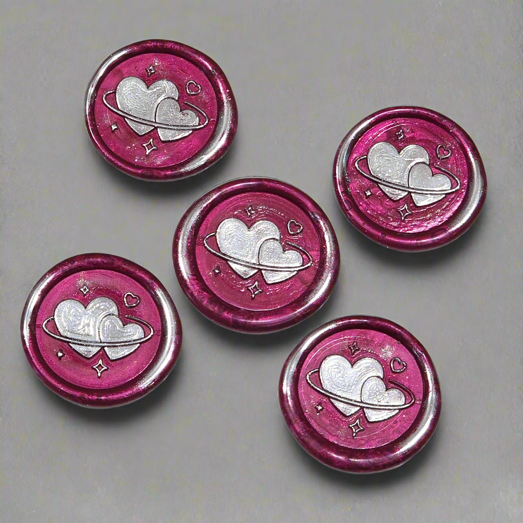 Wax Seals Mulberry Red & Silver Hearts Set of Five, with Adhesive Wax Seals for Cards, Invitations and Gifts