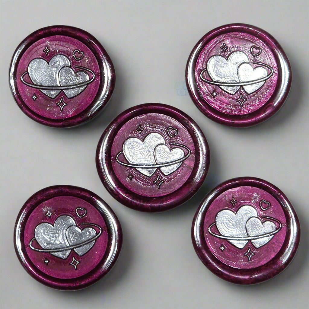 Wax Seals Mulberry Red & Silver Hearts Set of Five, with Adhesive Wax Seals for Cards, Invitations and Gifts