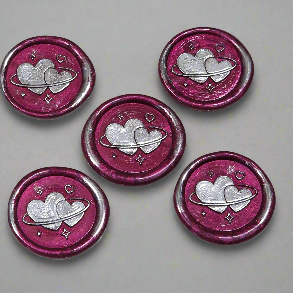 Wax Seals Mulberry Red & Silver Hearts Set of Five, with Adhesive Wax Seals for Cards, Invitations and Gifts