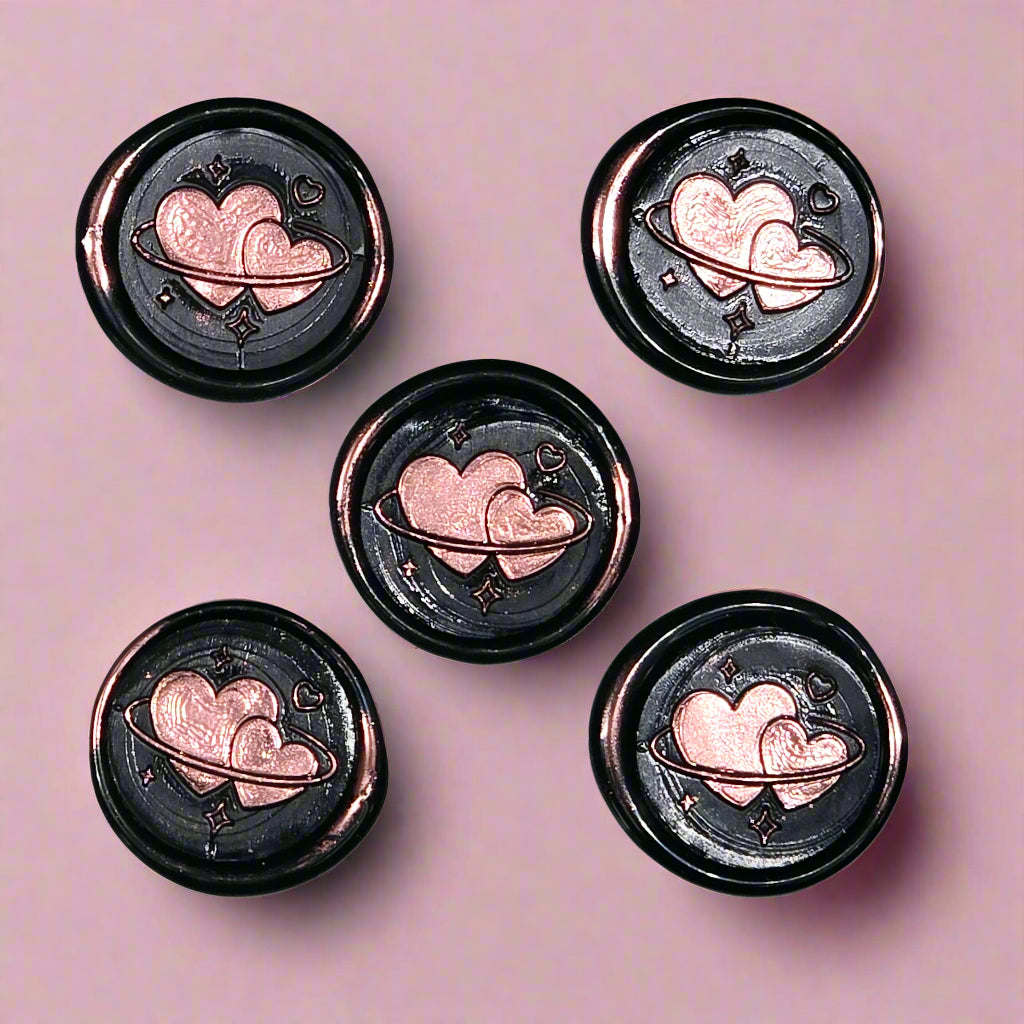 Wax Seals Metallic Pink & Black Hearts Set of Five, with Adhesive Wax Seals for Cards, Invitations and Gifts