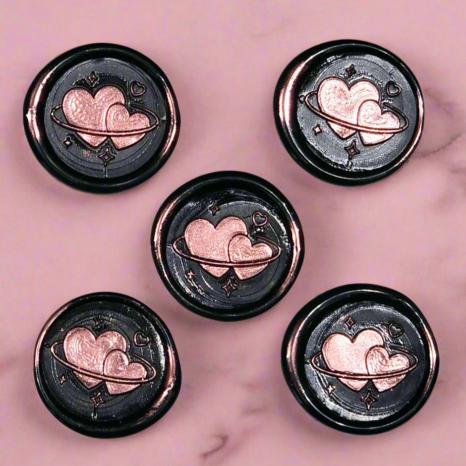 Wax Seals Metallic Pink & Black Hearts Set of Five, with Adhesive Wax Seals for Cards, Invitations and Gifts