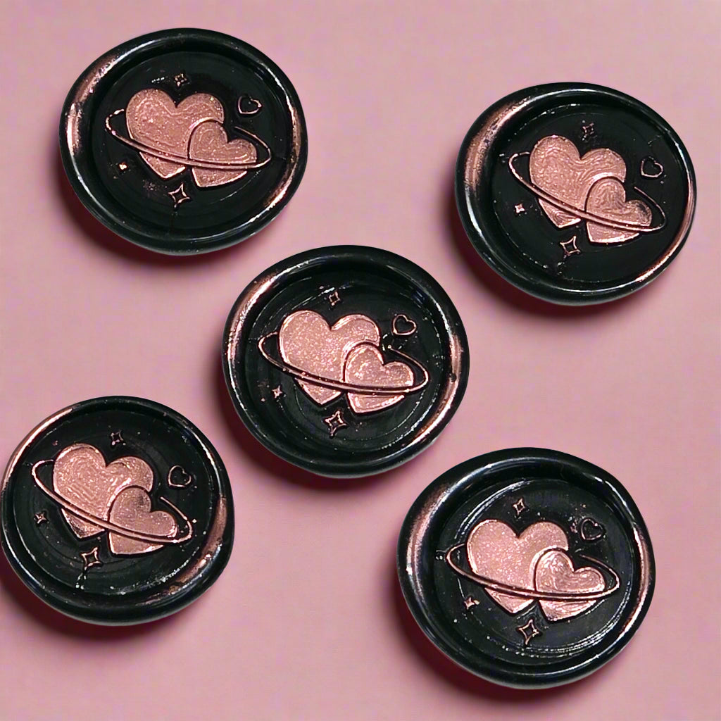 Wax Seals Metallic Pink & Black Hearts Set of Five, with Adhesive Wax Seals for Cards, Invitations and Gifts