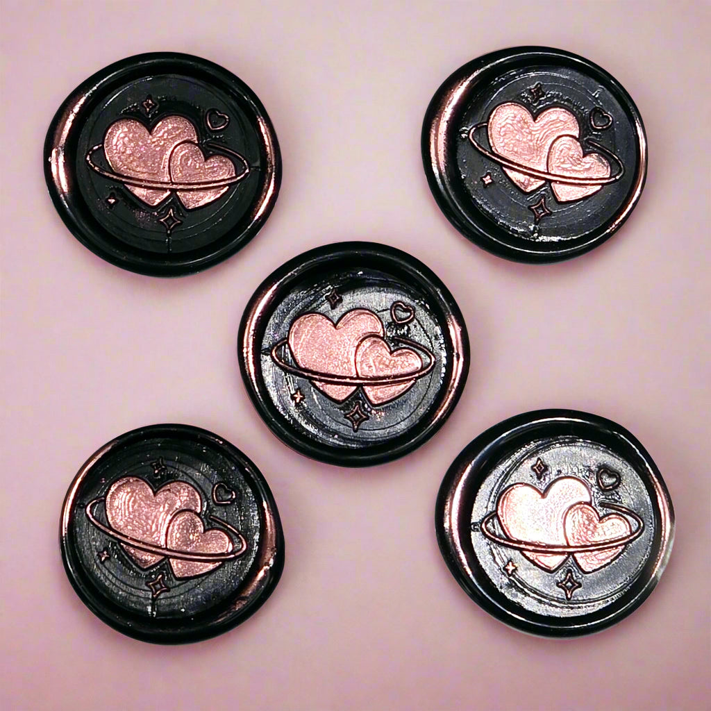 Wax Seals Metallic Pink & Black Hearts Set of Five, with Adhesive Wax Seals for Cards, Invitations and Gifts