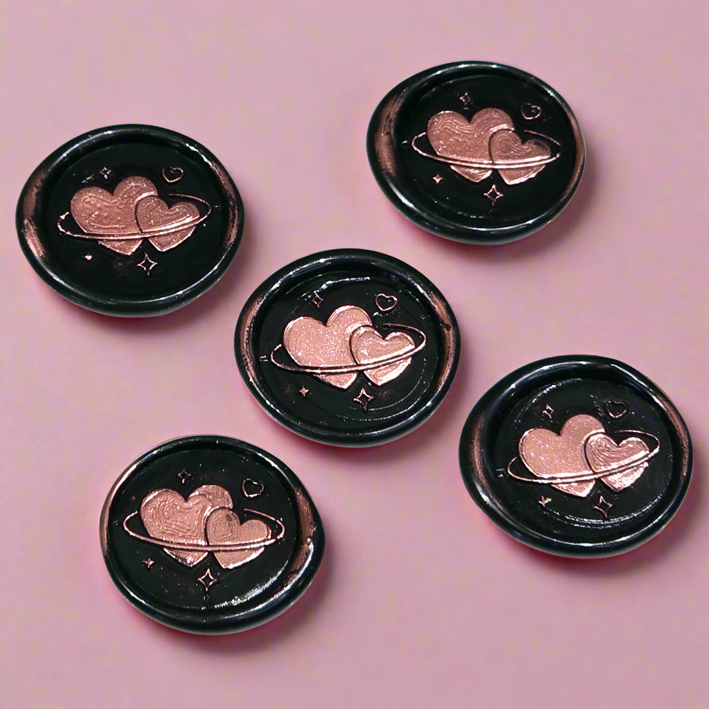 Wax Seals Metallic Pink & Black Hearts Set of Five, with Adhesive Wax Seals for Cards, Invitations and Gifts