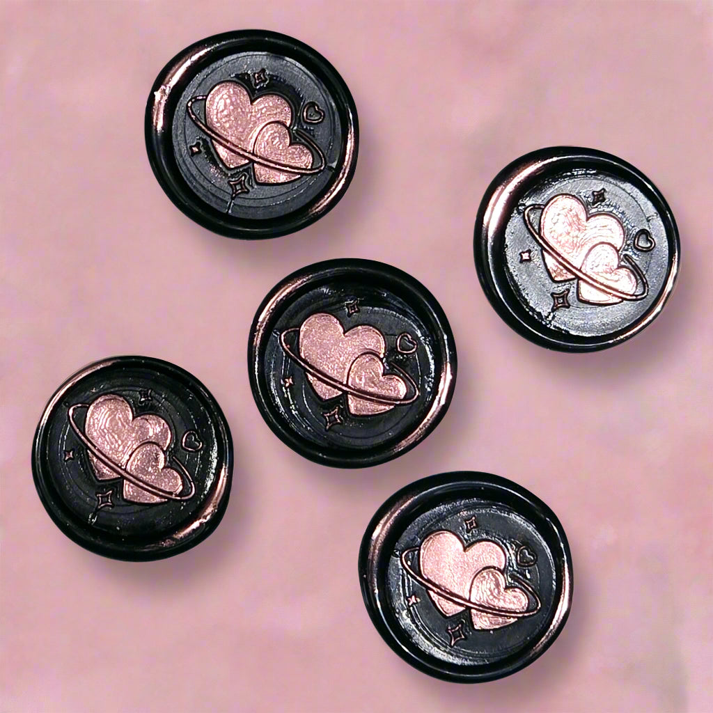 Wax Seals Metallic Pink & Black Hearts Set of Five, with Adhesive Wax Seals for Cards, Invitations and Gifts