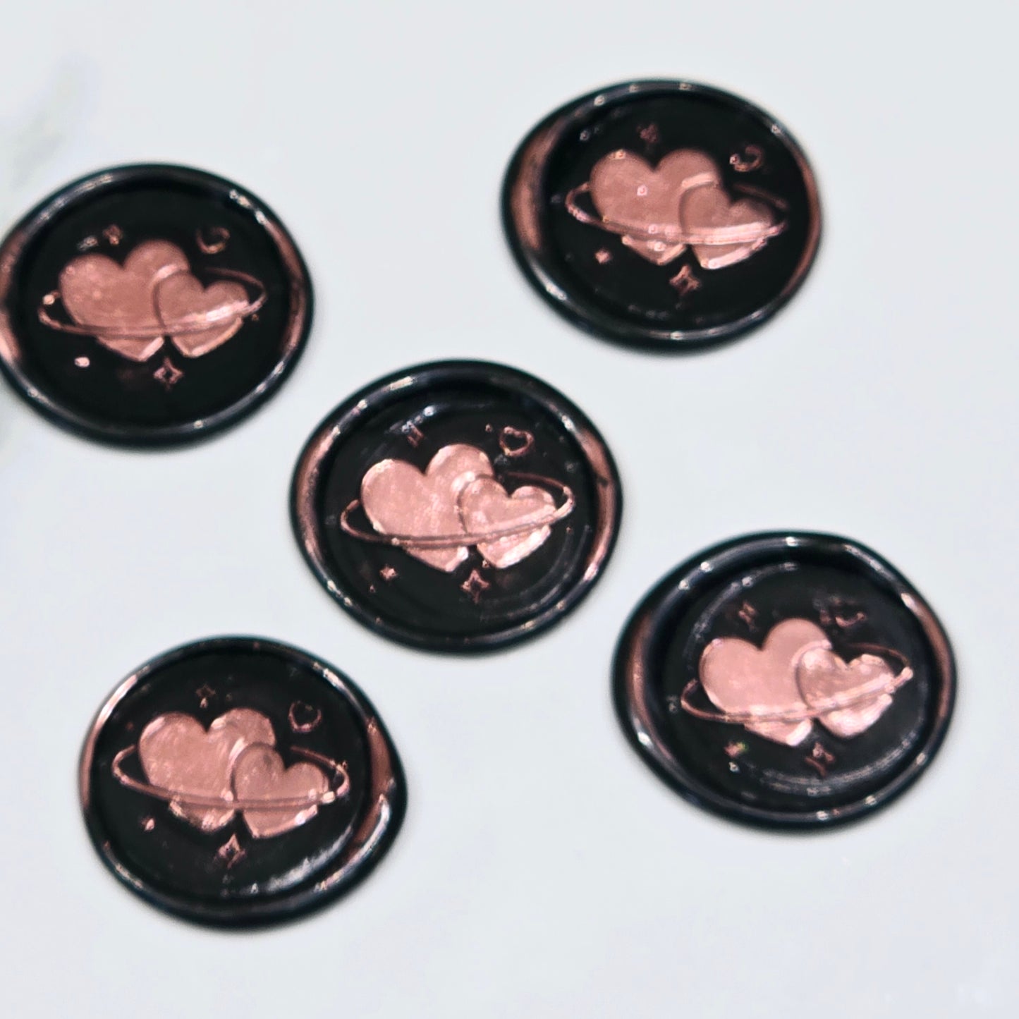 Wax Seals Metallic Pink & Black Hearts Set of Five, with Adhesive Wax Seals for Cards, Invitations and Gifts