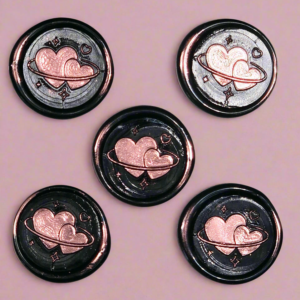 Wax Seals Metallic Pink & Black Hearts Set of Five, with Adhesive Wax Seals for Cards, Invitations and Gifts