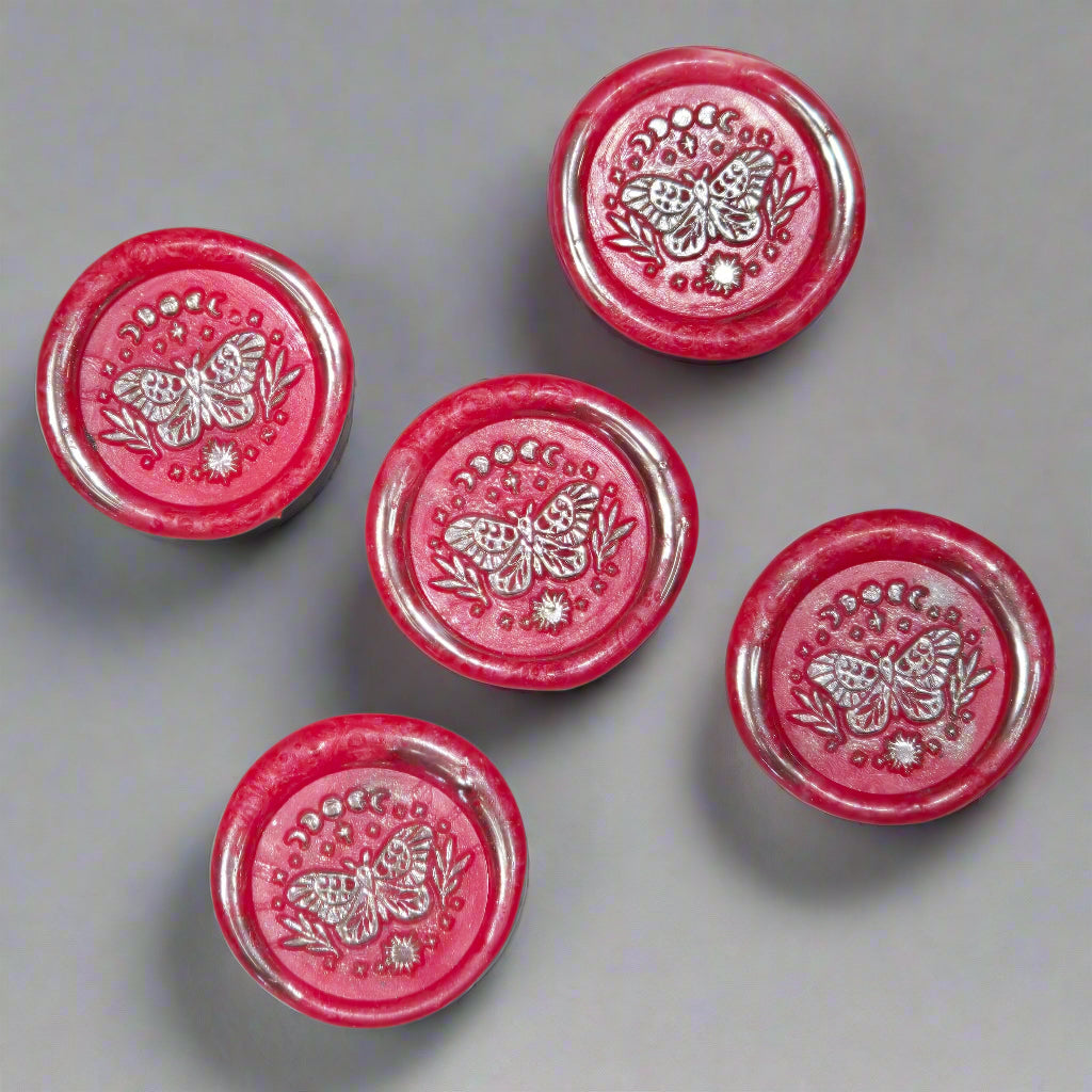Wax Seals Bright Pink & Silver Butterfly, Set of Five, with Adhesive Wax Seals for Cards, Invitations and Gifts