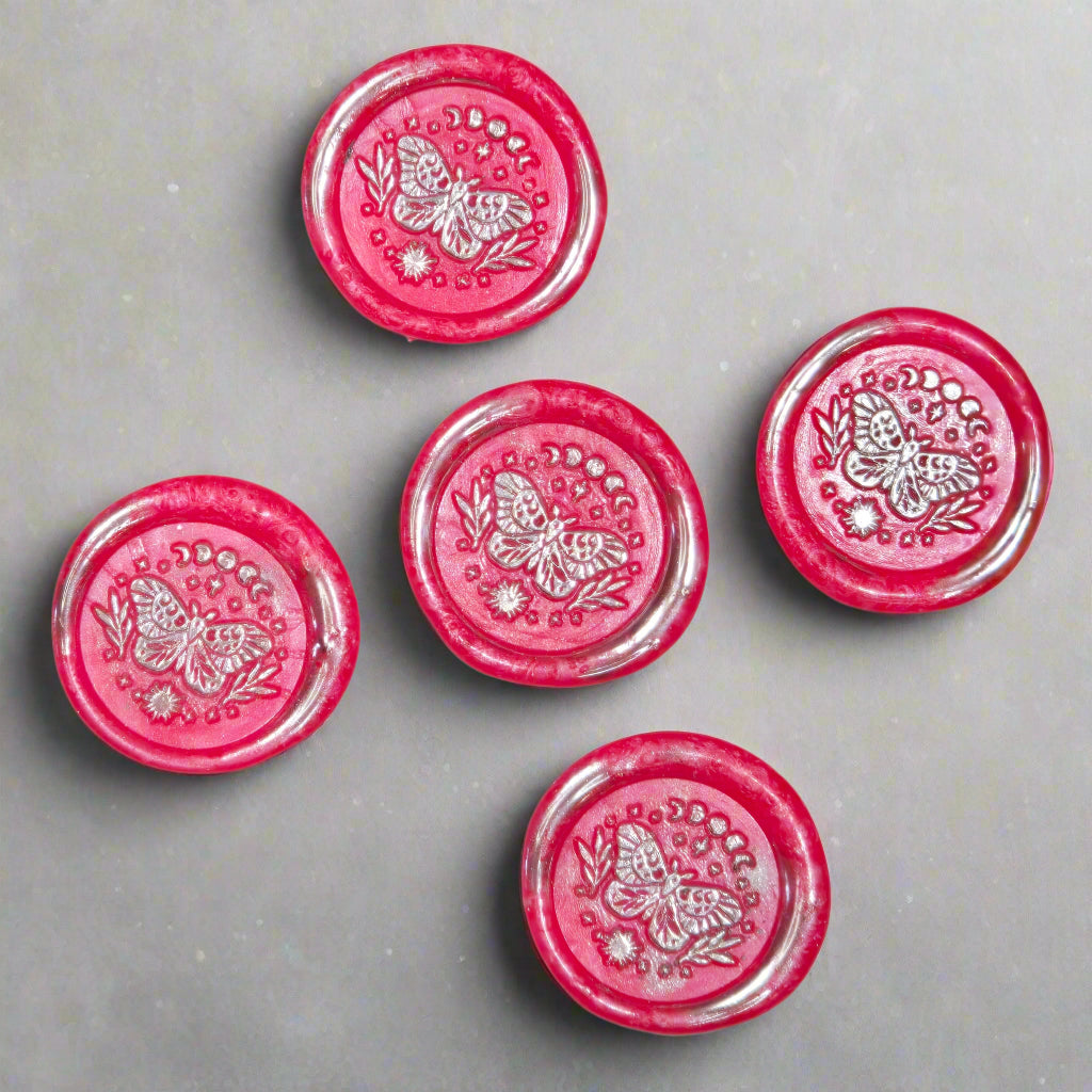Wax Seals Bright Pink & Silver Butterfly, Set of Five, with Adhesive Wax Seals for Cards, Invitations and Gifts