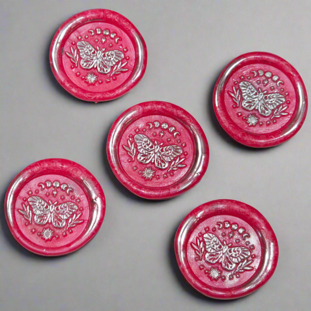 Wax Seals Bright Pink & Silver Butterfly, Set of Five, with Adhesive Wax Seals for Cards, Invitations and Gifts