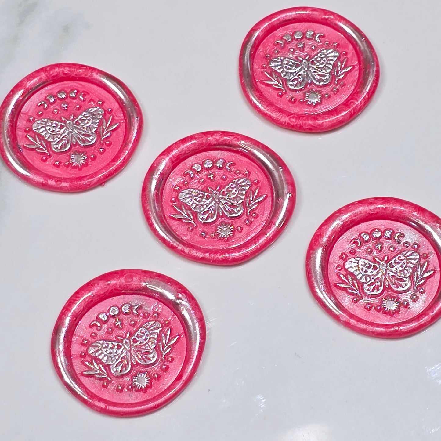 Wax Seals Bright Pink & Silver Butterfly, Set of Five, with Adhesive Wax Seals for Cards, Invitations and Gifts
