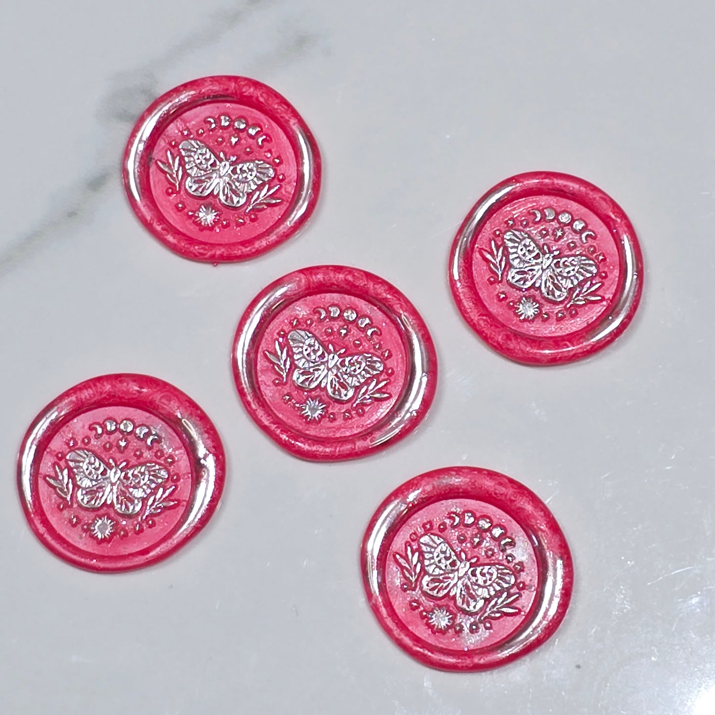 Wax Seals Bright Pink & Silver Butterfly, Set of Five, with Adhesive Wax Seals for Cards, Invitations and Gifts