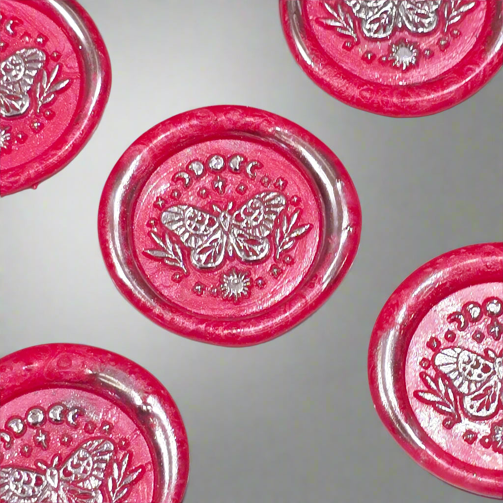 Wax Seals Bright Pink & Silver Butterfly, Set of Five, with Adhesive Wax Seals for Cards, Invitations and Gifts